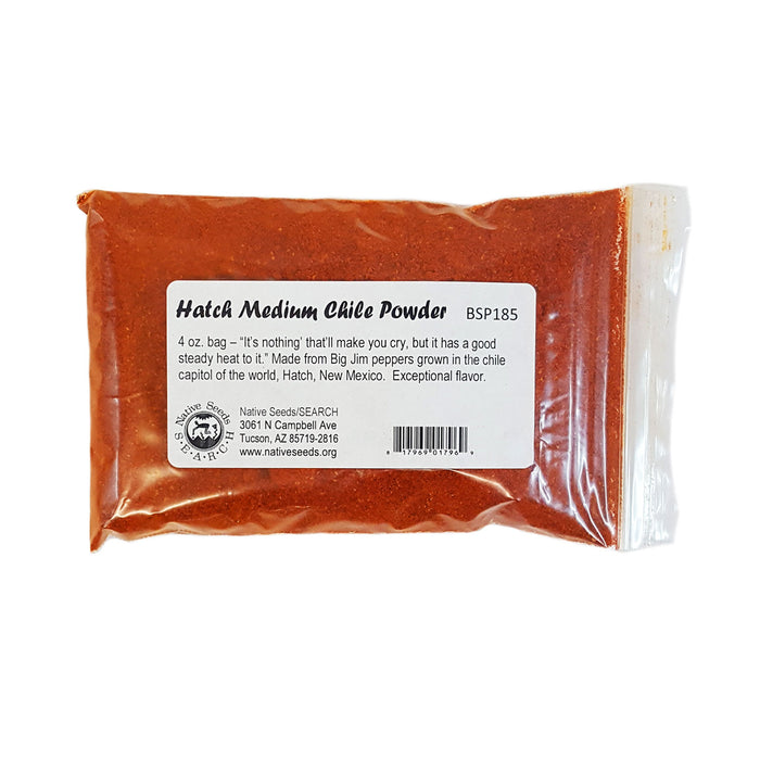 hatch medium chile powder. Made from Big Jim peppers grown in the chile capitol of the world, Hatch, New Mexico&nbsp; Nice steady heat to add to any dish! 4 ounce bag