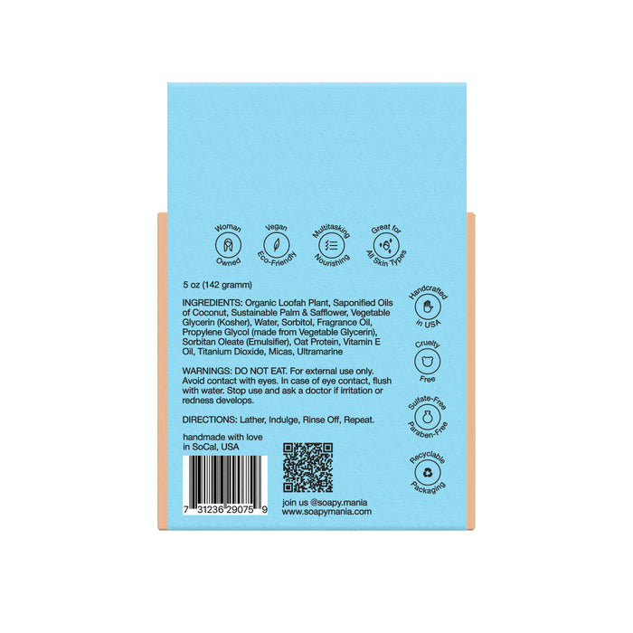 Back of a blue Soapymania Hawaiian Splash Exfoliating Loofah Bar Soap box showing vegan ingredients, usage symbols, barcode, directions, and warnings. Ingredients and product info are printed in black. Handmade in Southern California, USA.