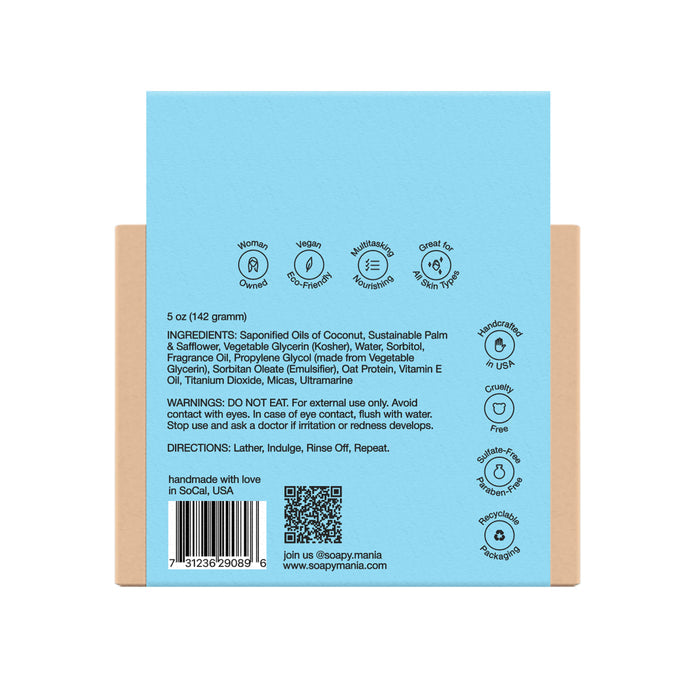 Back of Soapymania Hawaiian Splash Hydrating Bar Soap box lists ingredients, directions, and warnings. Icons show vegan, cruelty free, handmade, natural, small batch, detergent free, plumeria scent & made in USA. Barcode and social media included.