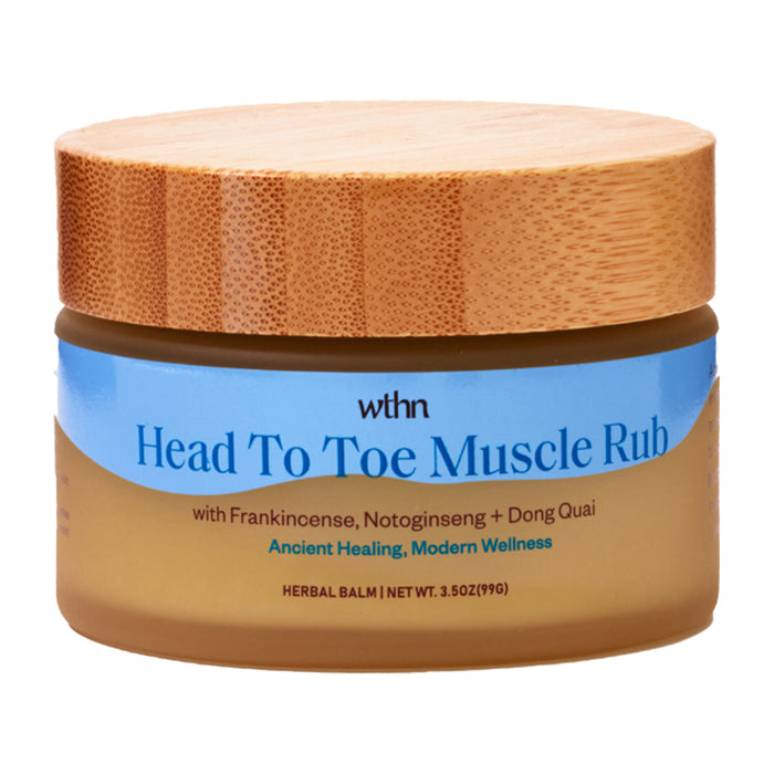 A 3.5 oz jar of WTHNs Head to Toe Muscle Rub features a wooden lid and blue label, combining Chinese herbs like frankincense and notoginseng. This organic salve blends Ancient Healing with Modern Wellness for natural pain relief.