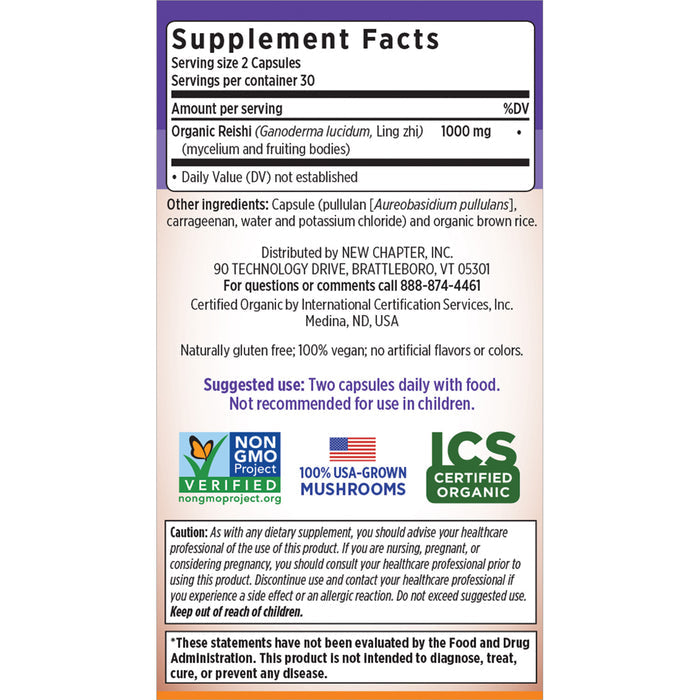 New Chapter’s Healthy Aging Reishi Mushroom supplement label includes LifeShield Mushrooms, with Reishi as a key component. The serving size is 2 capsules. It’s certified Non-GMO and USDA organic. Contact info, usage warnings, and an FDA disclaimer are included.