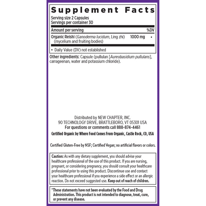 New Chapters Healthy Aging, Reishi Mushroom supplement contains 1000 mg of organic reishi mycelium per serving, with pullulan and carrageenan. Made in Brattleboro, Vermont, its certified gluten-free and vegan. Includes a health warning for specific conditions.