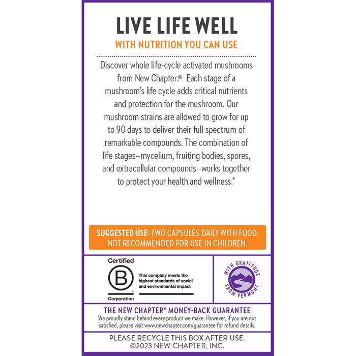 Packaging for a mushroom supplement features the slogan "LIVE LIFE WELL WITH NUTRITION YOU CAN USE." It highlights whole life-cycle activated mushrooms and provides dosing instructions. Labels mention certification and recycling information.