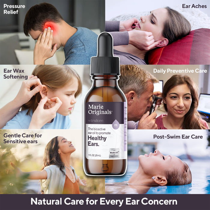 A collage of people with earaches, swimmers, and gentle care surrounds a Marie Originals Healthy Ear Oil dropper bottle. Text reads: Natural Care for Every Ear Concern.