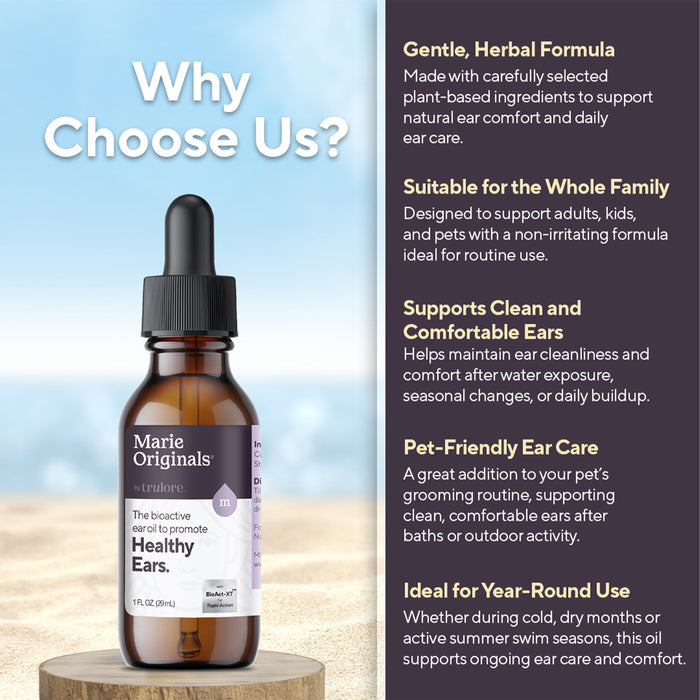 A bottle of Marie Originals Healthy Ear Oil is shown on the left, with text on the right highlighting: gentle herbal formula, promotes ear health and cleanliness, safe for all ages and pets, perfect for year-round use.