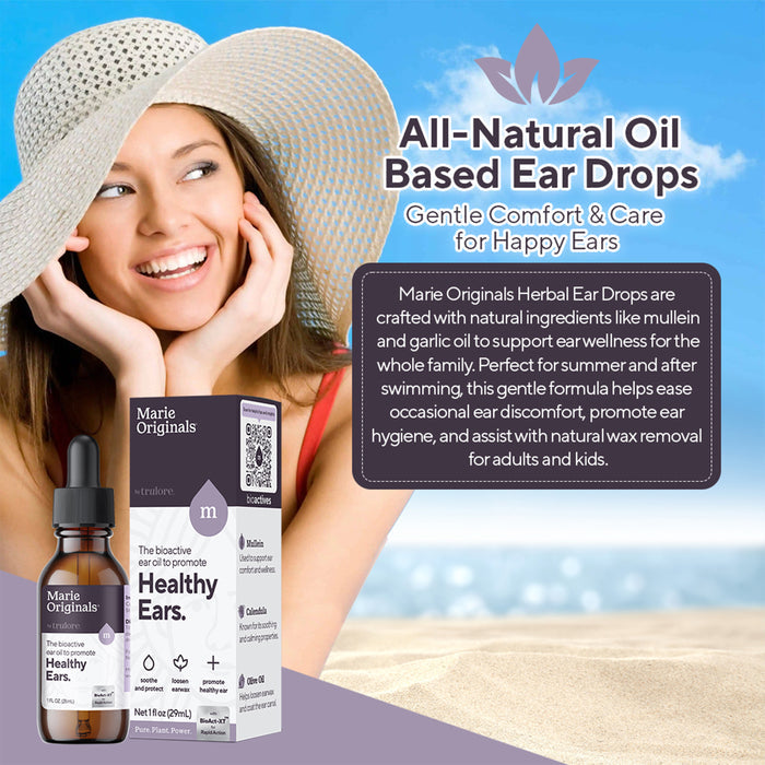 A smiling woman in a sun hat touches her ear next to a bottle and box of Marie Originals Healthy Ear Oil, emphasizing its natural ingredients and benefits for ear health, comfort, and gentle care for both adults and kids.