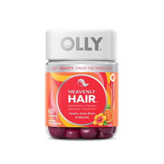 OLLY Heavenly Hair gummies, in a white and red container of 60 pieces, promise strong, healthy hair growth with Keratin and Biotin. Enjoy a tropical citrus flavor that enhances the experience.