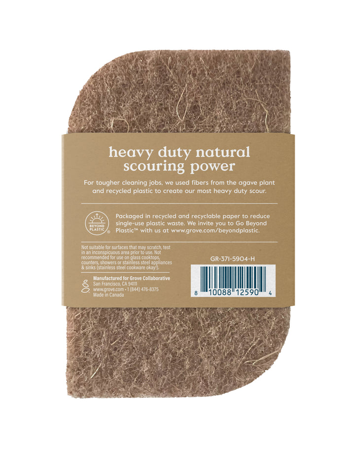 Introducing Grove Co.s Heavy Duty Agave Scour pads, made from agave fibers and recycled plastic. Ideal for tough cleaning tasks, these pads help reduce single-use plastics. Crafted in Canada, each label features a barcode and website link for more information.