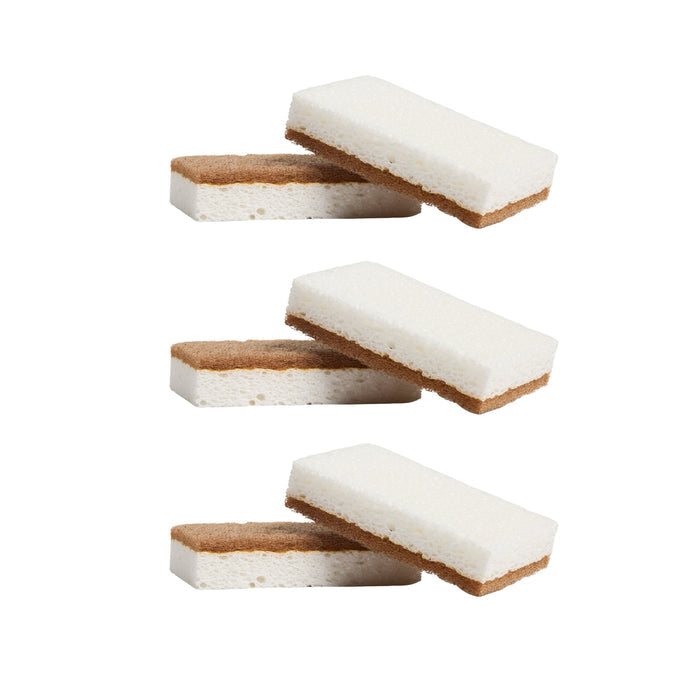 Three sets of Grove Co. Heavy-Duty Agave Scrubber Sponges, each featuring a white plant-based cellulose top and brown bottom layer, are arranged vertically against a white background.