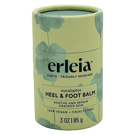 Erleias Heel & Foot Balm comes in a 3 oz (85 g) cylindrical container with green leaf-themed packaging. This plant-based formula is 100% vegan and cruelty-free, designed to soothe and repair cracked skin.