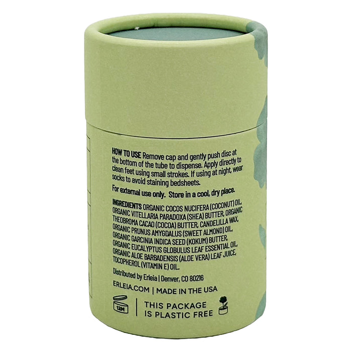 The Erleia Heel & Foot Balm is packaged in a cylindrical eco-friendly green and beige container, featuring an all-natural plant-based formula. It includes usage instructions and ingredients like coconut oil, shea butter, and lavender. The product emphasizes plastic-free packaging and is made in the USA.