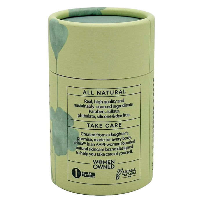 A green cylindrical container with leaf graphics highlights Erleias all-natural Heel & Foot Balm. Its plant-based formula is paraben, sulfate, and dye-free. Founded by AAPI women, this eco-friendly foot moisturizer has no animal testing and is women-owned.