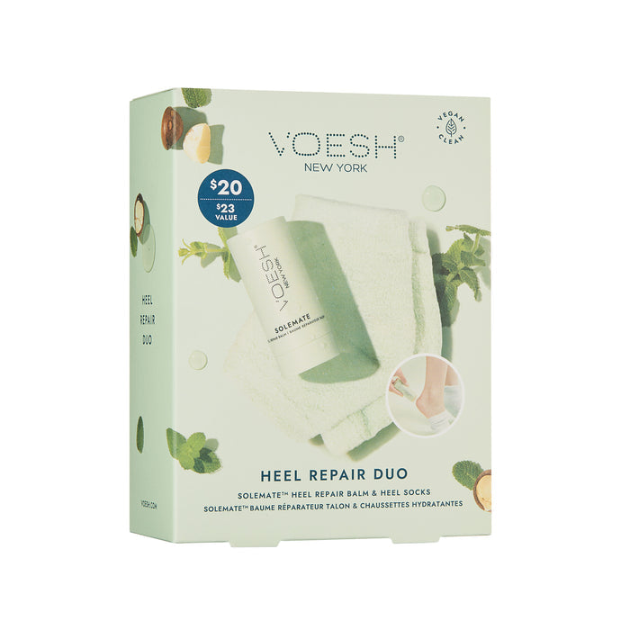 The Heel Repair Duo by VOESH New York includes Solemate Heel Repair Balm and Moisturizing Heel Socks. With a light green design featuring product images, its priced at $20 with a $23 value, offering style and savings.