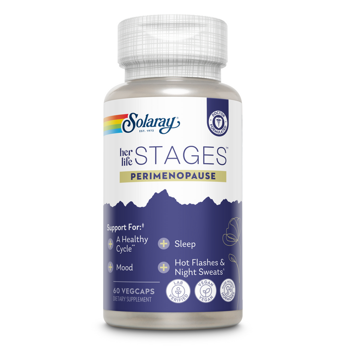 Solarays Her Life Stages™ Perimenopause, with a white and purple label, supports womens health by aiding cycle, mood, sleep, and easing hot flashes and night sweats. Each bottle includes 60 capsules formulated for menopause support.