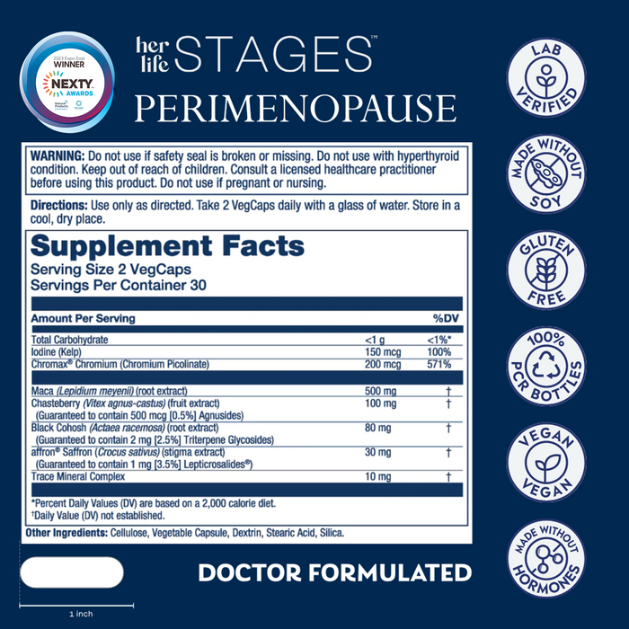 Supplement label for Her Life Stages Perimenopause VegCaps. Highlights include gluten-free, vegan, hormone-free, doctor-formulated, lab-verified, and made without hormones. Contains 30 servings per container.