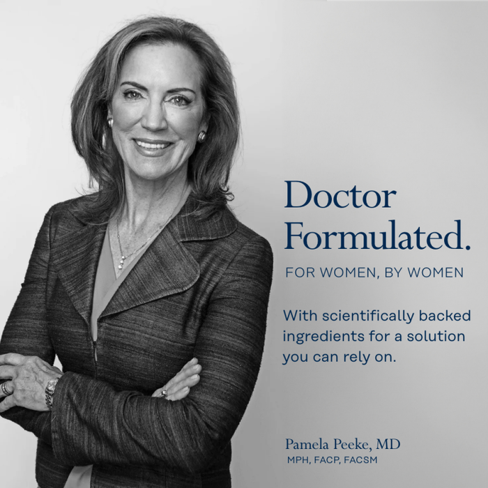 A smiling woman in a professional blazer stands with arms crossed. Next to her, text reads: "Doctor Formulated. For Women, By Women. With scientifically backed ingredients for a solution you can rely on." Below, her name and credentials are displayed.