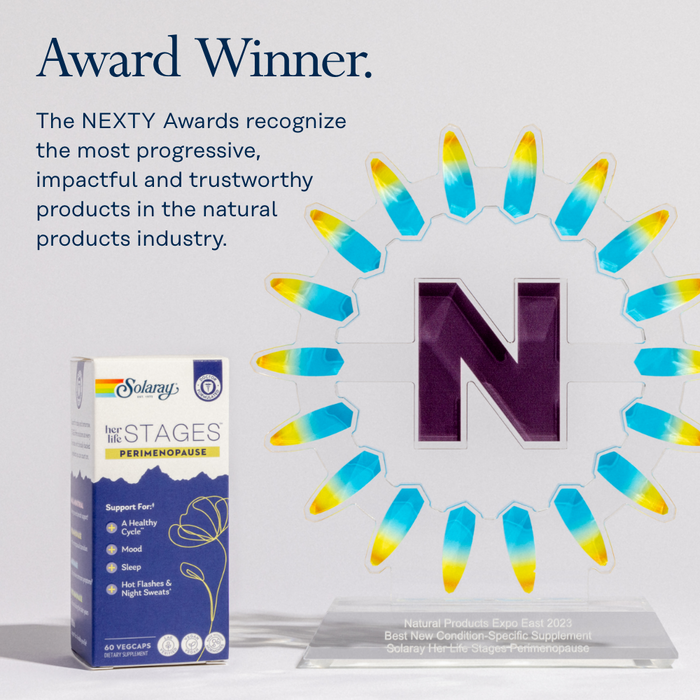 A box of Solaray's Her Life Stages Perimenopause supplement stands next to a colorful, sunburst-shaped award trophy with a large letter "N" at its center. The text highlights the product's recognition at the NEXTY Awards.