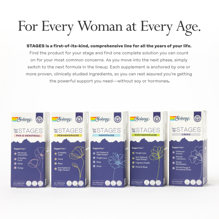 Five boxes of Stages supplements, each for women's health at different life stages, are displayed in a row against a white background. Each box features a unique color and flower design, with text highlighting their specific health benefits.