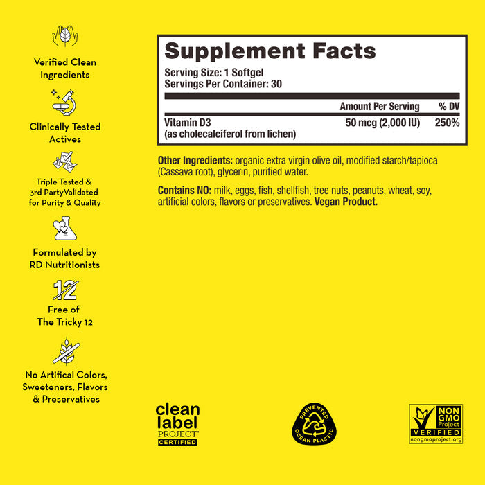 A bottle of HUM Vitamins' "Here Comes the Sun" supplement lies on its side with a yellow cap on a bright yellow background. Text reads, "Backed by Science," "73% Greater Increase in Vitamin D,"  other information about vitamin D3 benefits, a clinical stud
