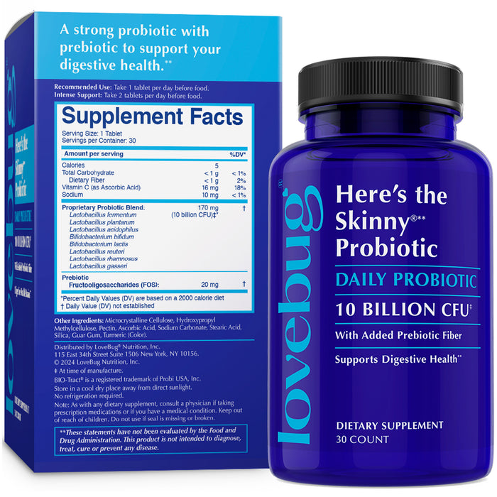 A blue bottle of Lovebug Heres the Skinny Daily Probiotic sits next to its box, highlighting digestive health and nutrient absorption benefits.