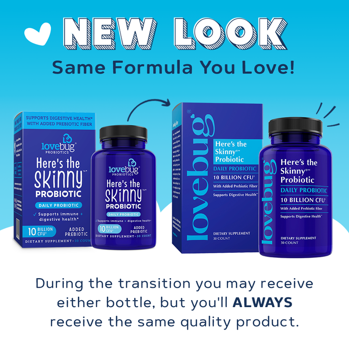 Two different blue bottles and boxes of Lovebug Here’s the Skinny Daily Probiotic are shown to highlight a packaging update. You may receive either bottle, but the digestive health-supporting probiotic formula inside is unchanged.