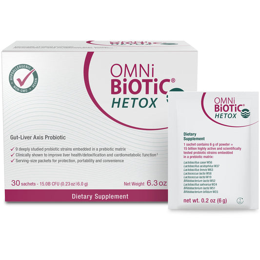 The OMNi-BiOTiC Hetox, a probiotic with 30 sachets, supports gut-liver health and detox, is gluten-free and non-GMO. The mostly white box with pink and green accents showcases the products benefits.