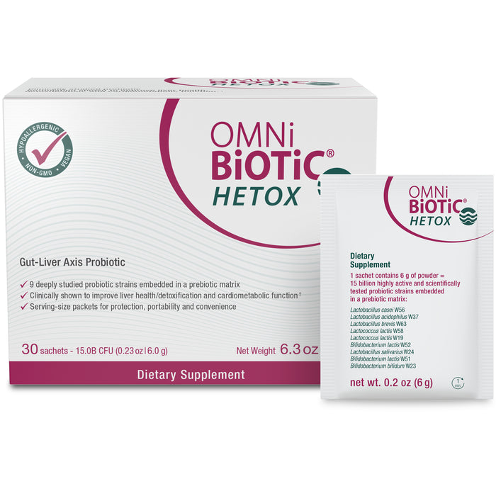 The Omni-Biotic Hetox probiotic supplement packaging emphasizes detox support for the gut-liver axis with nine strains. The box is non-GMO, vegetarian, includes 30 sachets of 6g each, and shows a sachet image on the right.