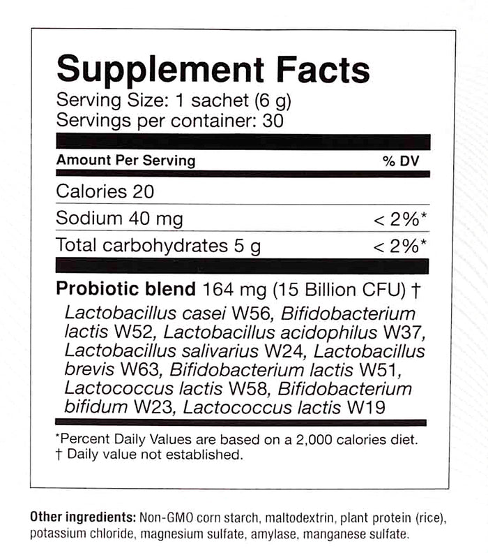 Supplement Facts label showing nutritional details for a probiotic supplement. Includes serving size, servings per container, calories, sodium, total carbohydrates, and a list of probiotic strains like Lactobacillus and Bifidobacterium.