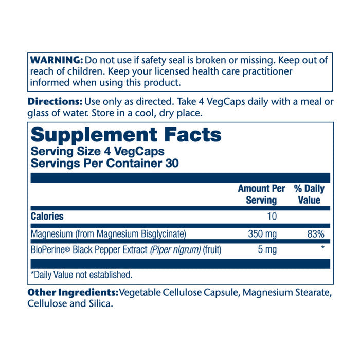The Solaray High Absorption Magnesium Glycinate Veg Capsules supplement facts label shows nutritional info, dosage guidelines, includes Magnesium Glycinate and BioPerine® for better absorption, and cautions to keep away from children.