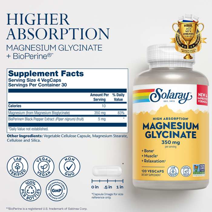 Supplement bottle labeled "Solaray High Absorption Magnesium Glycinate" with BioPerine. Image includes supplement facts, certifications, and a badge for "2021 Clean Choice Award Winner." 120 vegcaps per bottle, 350 mg magnesium per serving.