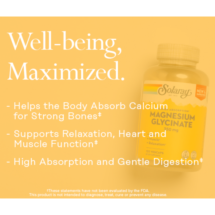 Image of a magnesium glycinate supplement bottle with text: "Well-being, Maximized." Benefits listed include: helping calcium absorption for strong bones, supporting relaxation, heart and muscle function, and high absorption with gentle digestion.