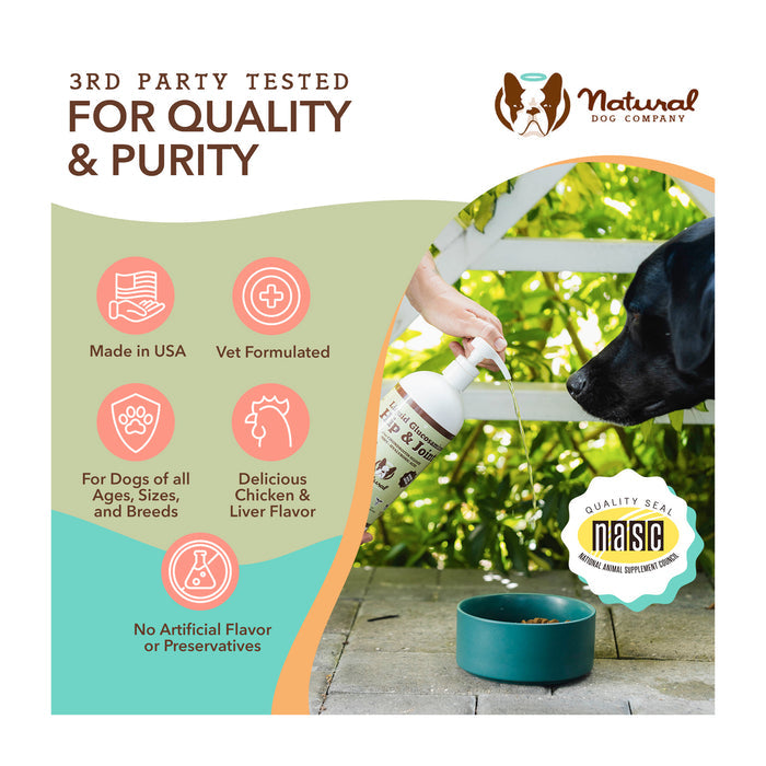 A dog drinking from a bowl outdoors as a person pours a supplement from a bottle. Text highlights the product's features: made in the USA, vet formulated, chicken flavor, suitable for all dogs, no artificial additives. NASC quality seal displayed.