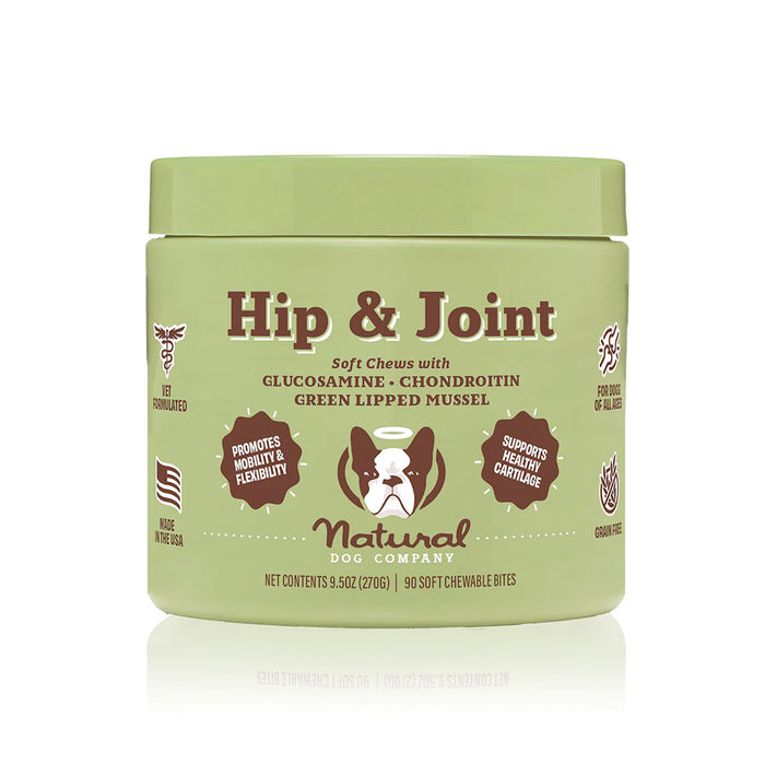 Natural Dog Company offers a green container of Hip & Joint Supplement for Dogs with 90 soft chews containing glucosamine, chondroitin, and green-lipped mussel to promote mobility and joint health.