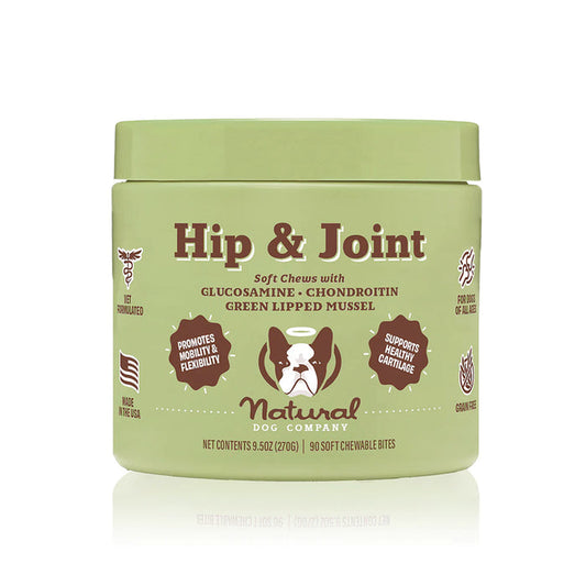 Natural Dog Company offers a green container of Hip & Joint Supplement for Dogs with 90 soft chews containing glucosamine, chondroitin, and green-lipped mussel to promote mobility and joint health.