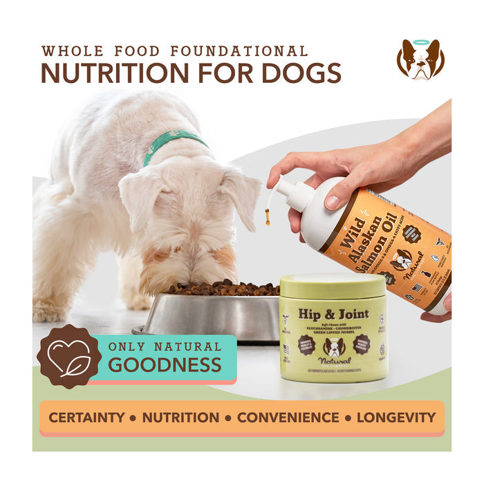 A dog eats from a bowl next to supplements. The text reads "Whole Food Foundational Nutrition for Dogs," featuring a salmon oil bottle and hip &amp; joint supplement. Tags highlight "Only Natural Goodness" and benefits like certainty, nutrition, convenience, longevity.