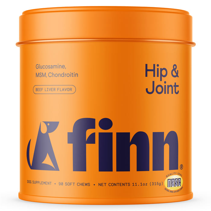 The Finn Hip & Joint Supplement for Dogs comes in an orange container with a dog silhouette, featuring text Glucosamine for dogs, MSM, Chondroitin, Beef Liver Flavor. It offers 90 organic soft chews for hip and joint support, with a net weight of 11.1 oz (315g).