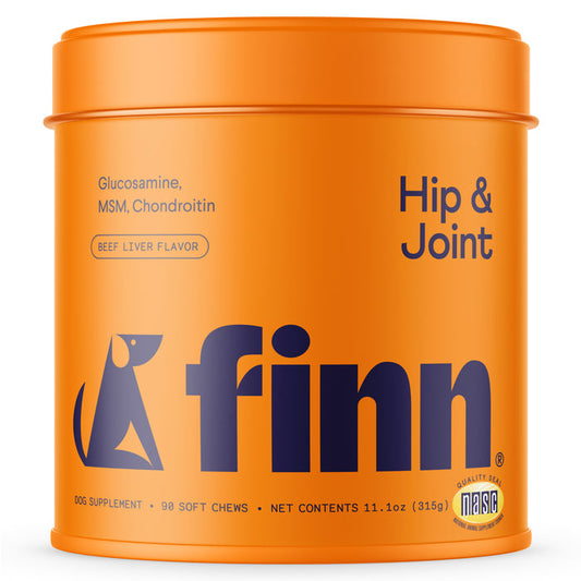 The Finn Hip & Joint Supplement for Dogs comes in an orange container with a dog silhouette, featuring text Glucosamine for dogs, MSM, Chondroitin, Beef Liver Flavor. It offers 90 organic soft chews for hip and joint support, with a net weight of 11.1 oz (315g).
