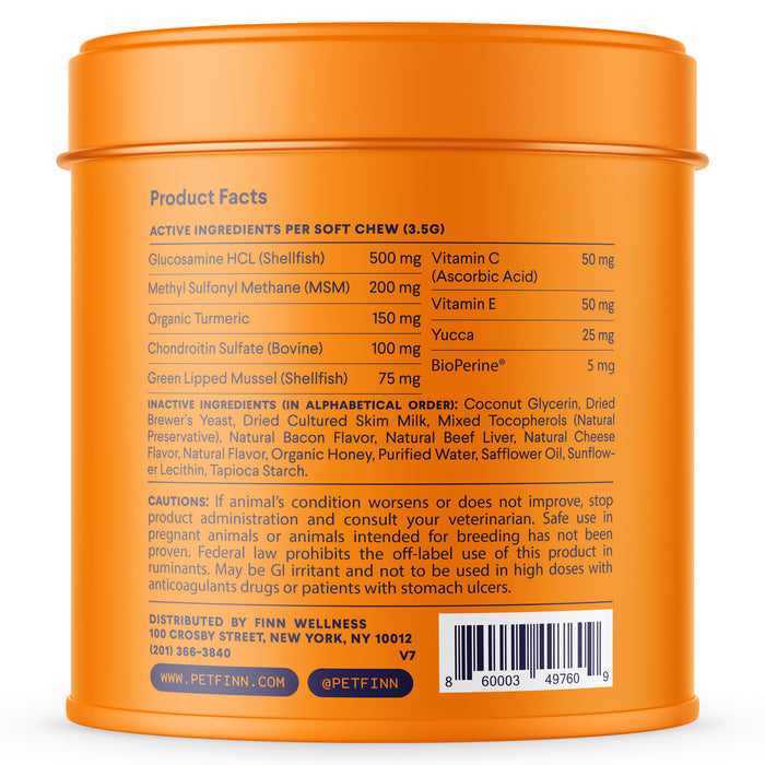 A Finn Hip & Joint Supplement for Dogs in an orange container highlights active and inactive ingredients like glucosamine, MSM, Green-Lipped Mussel, and Vitamin C. The label recommends consulting a vet before using this organic supplement.