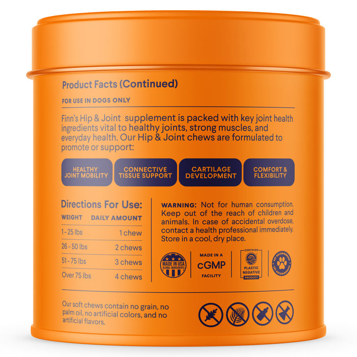 An orange Finn Hip & Joint Supplement for dogs with glucosamine promotes joint mobility and cartilage health, includes weight-based dosage instructions, cautions against human consumption, and contains no artificial colors or flavors.