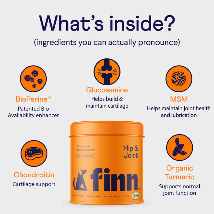 Finn Hip & Joint supplement is displayed below the text "What’s inside? (ingredients you can actually pronounce)." The ingredients listed are BioPerine, Glucosamine, MSM, Chondroitin, and Organic Turmeric, each with brief descriptions and icons.