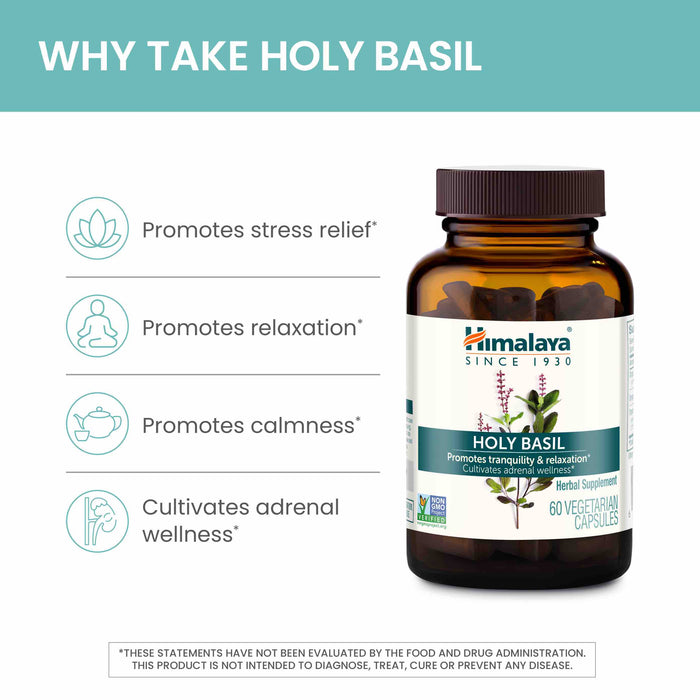 Image shows a brown bottle of Himalaya brand "Holy Basil" herbal supplement with 60 vegetarian capsules. The text above the bottle reads "WHY TAKE HOLY BASIL" and lists benefits such as promoting stress relief, relaxation, calmness, and cultivating wellness.