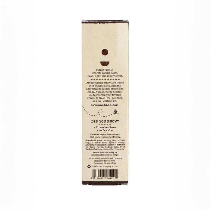 The image shows the back of Savannah Bee Companys Honey Straws box, made from BPA-free plastic. It describes the delicate, clean, and mildly sweet flavor of the certified organic, gluten-free, kosher Acacia honey. Theres also a bee drawing and information on worker bees.