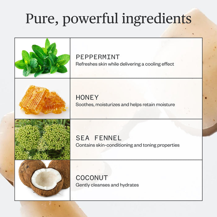 A chart highlights four natural ingredients in Ursa Major’s Morning Mojo Bar Soap: peppermint leaves (refresh), honeycomb (moisturize), sea fennel (tone), and coconut (cleanse and hydrate).