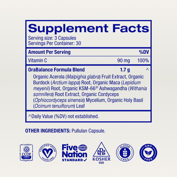 The Hormonious Hormonal Balance & Support Capsules by Ora Organic feature a serving size of 3 capsules with 60 servings per container. Each serving delivers 90mg Vitamin C and a 1.7g organic adaptogen blend for hormonal balance—certified and GMO-free.