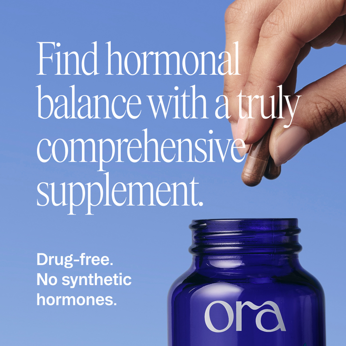 A hand drops a capsule into a blue Ora Organic bottle. Text: Achieve hormonal balance with Hormonious: Hormonal Balance & Support Capsules—comprehensive, adaptogenic, drug-free, and free from synthetic hormones.