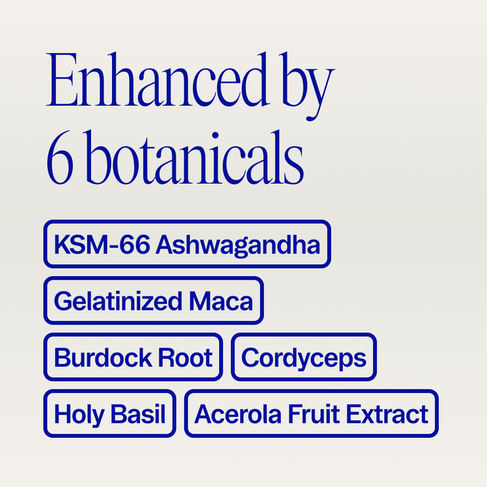 Hormonious: Hormonal Balance & Support Capsules by Ora Organic features 6 botanicals for hormonal support: KSM-66 Ashwagandha, Gelatinized Maca, Burdock Root, Cordyceps, Holy Basil, and Acerola Fruit Extract.