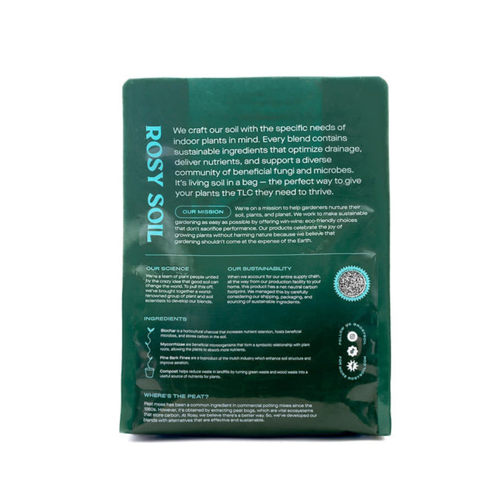 The green Houseplant Potting Soil package by Rosy Soil uses sustainable packaging and peat-free formula to promote healthy growth. It offers living soil benefits, ensuring nutrient delivery, microbial support, and optimal aeration for indoor plants with sustainable ingredients.