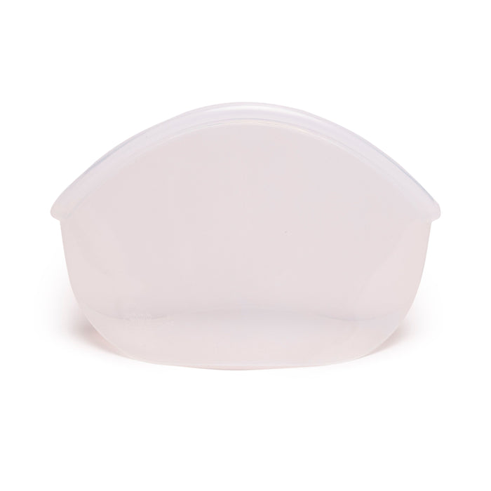A transparent, semi-circular plastic Hugger Bag by Food Huggers with a curved lid sits against a plain white background. The microwave-safe container is empty, highlighting its simple, smooth design.