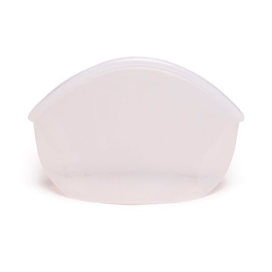 A transparent, semi-circular plastic Hugger Bag by Food Huggers with a curved lid sits against a plain white background. The microwave-safe container is empty, highlighting its simple, smooth design.
