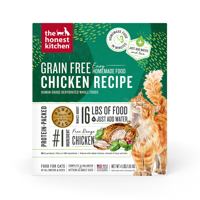 A box of The Honest Kitchens Dehydrated Grain Free Chicken Cat Food features images of a chicken, fresh vegetables, and a ginger cat, highlighting its whole food ingredients. Just add water to make 16 lbs of nutritious human-grade pet food.